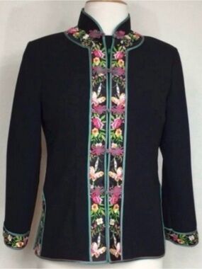 Vintage Womens Asian Black Floral Butterfly Embroidered Jacket Classic Size SP